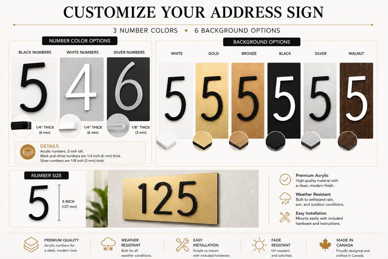 May include: A customizable address sign display featuring acrylic numbers in black, white, or silver. Background options include white, gold, bronze, black, silver, and walnut. The numbers are 5 inches tall, with black and white versions 1/4 inch thick and silver versions 1/8 inch thick.