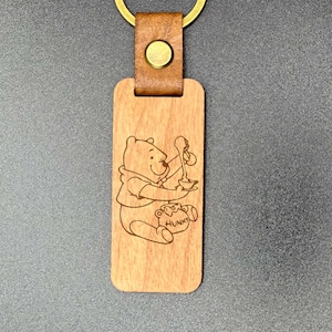 Honey bear Laser Engraved Keychain Cherry Leather Brass Ring Gift Anniversary Graduation First Car Birthday