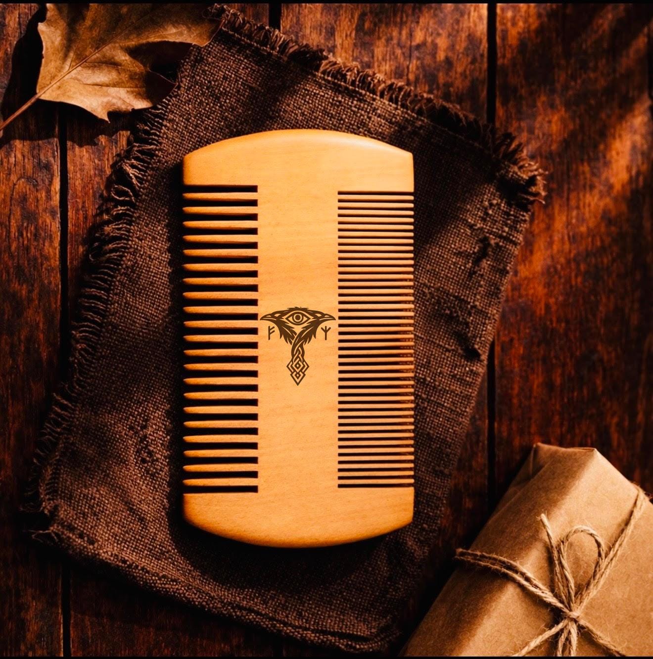 Personalized Engraved Viking Odin's Horn Wooden Beard Comb, Norse Symbol Gift for Him, Men's Grooming Comb, Valknut Comb, Fathers Day Gift