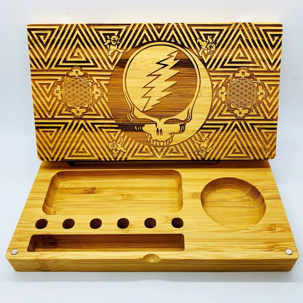 Steal your face Hand made Laser Engraved Bamboo Rolling Tray Magnetic Backflip Style Custom Personalized Gift Men Women Stash Box Case