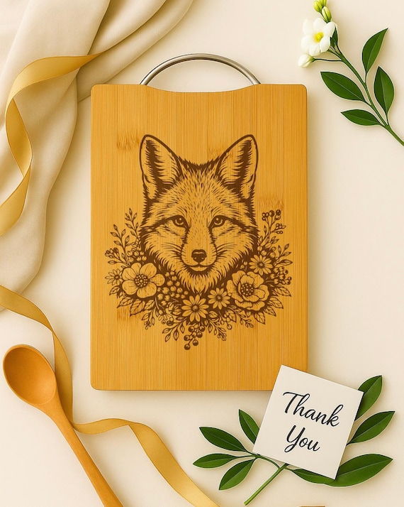 A laser-engraved floral fox design elevates a cutting board from kitchen tool to wall-worthy woodland art piece.