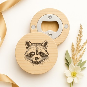 May include: A wooden bottle opener with a stainless steel opener and a matching coaster. The coaster features a detailed illustration of a raccoon's face. The opener and coaster are round and made of light-colored wood.