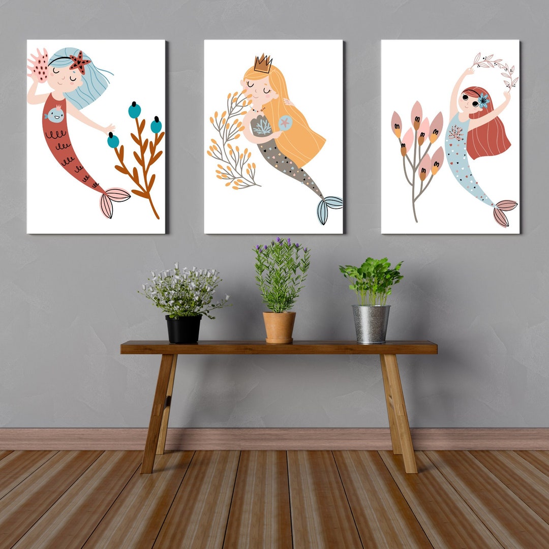 Mermaid Wall Art Printset of 3mermaid Theme Artprintable Etsy