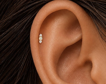 16G/18G/20G Titanium Opal & Cz Stone Climber Threadless Push Pin labret, Curved Flat Back Earring, Cartilage Tragus Conch Helix Nose Stud