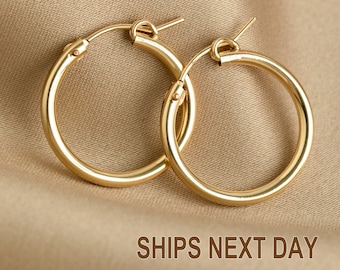 14k Gold Filled Thick Hoop Earrings, Tarnish Resistant Tube Hoop Earrings, 19mm, 22mm, 29mm, 35mm Huggie Earring, Large Hoop Earrings