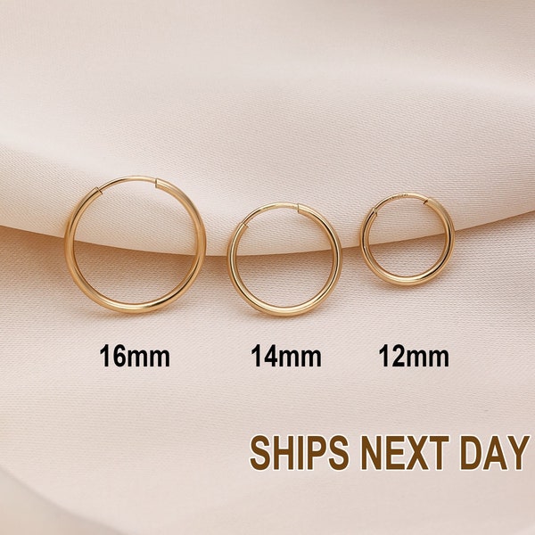 14K Gold Filled Tarnish Resistant Hoop Earrings, 12mm, 14mm, 16mm, 20mm, Hypoallergenic Continuous Hoops Earrings for Everyday Wear