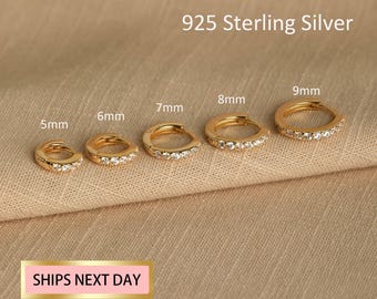 Small Huggie Hoop Earrings, Dainty Gold Hoop Earrings, Cartilage hoop, Silver Cz Paved Hoop, Tragus hoop, Helix hoop, Stacking hoop set