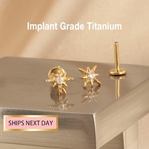 20G/18G/16G Tiny Titanium Starburst Stud Push Pin Labret Stud, tragus stud, conch earring, helix/cartilage piercing, Flat Back Stud