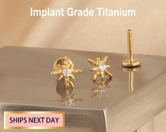 Pendiente pequeño de titanio con forma de estrella de 20G/18G/16G, pendiente tipo labret con pasador, pendiente para tragus, pendiente para concha, piercing para hélix/cartílago, pendiente de parte trasera plana.