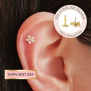16G zierliche Cz Blume Labret Knorpel Ohrstecker, kleine Gold Blume Labret Knorpel, flache Rückseite Ohrringe, Tragus Gestüt, Helix Piercing