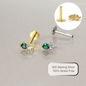 18G/16G Tiny Emerald Stone Internally Threaded Flatback Labret • Flat Back Earring • Tragus Stud • Helix Stud • Cartilage Stud • Nose Stud