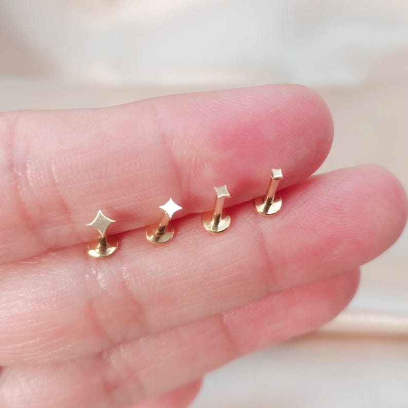 Titanium Tiny Star Threadless Push Pin Labret, 16G 18G 20G Cartilage earring, Tragus, Flat Back Earring, Tiny Gold Star Nose Stud image 2