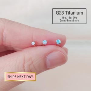 20G/18G/16G Tiny Blue Fire Opal Threadless Push Pin Labret Stud - tragus stud - conch earring - Opal Piercing Jewelry • Flat Back Earring