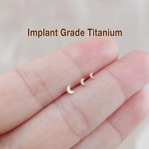 Rose gold Crescent Moon Threadless Push Pin Labret, Titanium Moon Stud, Cartilage earring, Flat Back Earring, Forward helix, Moon Nose Stud