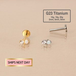 20G/18G/16G Tiny Push Pin Fire Opal Labret - Two Stone Flat Back Labret Stud - Tragus Stud - Conch Earring- Helix/Cartilage Piercing