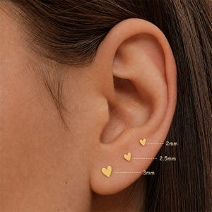 Könnte beinhalten: Drei goldene herzförmige Ohrstecker in verschiedenen Größen: 2 mm, 2,5 mm und 3 mm. Die Ohrringe werden an einem Ohr gezeigt, was ihr zartes Design und die Größenunterschiede hervorhebt. Ein schlichtes, elegantes Accessoire.
