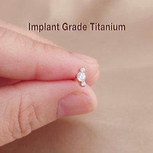 Könnte beinhalten: Ein kleiner, silberfarbener Ohrring mit drei klaren, runden Edelsteinen. Der Text "Implant Grade Titanium" ist über dem Ohrring zu sehen. Der Ohrring wird zwischen zwei Fingern vor einem verschwommenen Hintergrund gehalten.