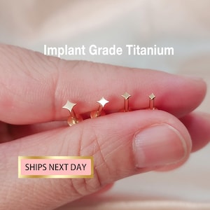Labret à épingles sans filetage Tiny Star en titane, boucle d'oreille cartilage 16G 18G 20G, tragus, boucle d'oreille à l'arrière plat, petit clou de nez étoile doré