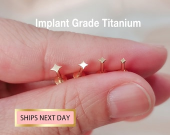 Titanium Tiny Star Threadless Push Pin Labret, 16G 18G 20G Cartilage earring, Tragus, Flat Back Earring, Tiny Gold Star Nose Stud