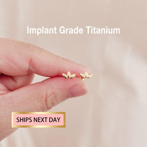 May include: A pair of gold-colored stud earrings in a floral design. The earrings are held in a hand against a soft pink background. The text "Implant Grade Titanium" is at the top.