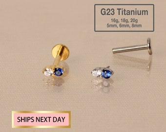 20G/18G/16G Tiny Push Pin Sapphire Cz Stone Labret - Two Stone Flat Back Labret Stud - Tragus Stud - Conch Earring- Helix/Cartilage Piercing