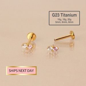 20G/18G/16G Tiny Light Pink Stud - Two Stone Flat Back Push Pin Labret Stud - Tragus Stud - Conch Earring - Helix/Cartilage Piercing