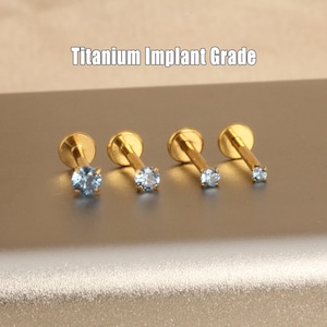 Titanium Aquamarine Blue Stone Nose stud Threadless Push in stud, Aqua Blue Cz Flat Back Earring, Cartilage Tragus Helix Stud, Small Stud
