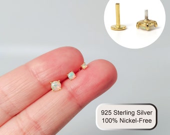 16G White Opal Internally Threaded Flatback Labret 2mm/3mm/4mm • Cartilage Studs • tragus stud • conch earring • helix • cartilage piercing