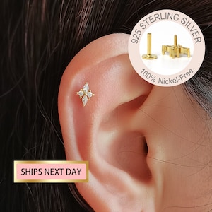 Petit labret à dos plat en or cz avec filetage interne 16G • Boucle d'oreille à dos plat • Clou tragus • Clou hélicoïdal • Boucle d'oreille cartilage • Minimaliste