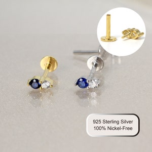 16G Tiny Sapphire Stone Internally Threaded Flatback Labret • Blue Cz Flat Back Earring • Tragus Stud • Helix Stud • Cartilage Stud