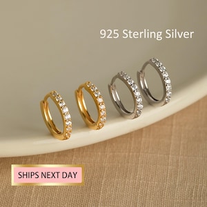 Huggie Hoop Earrings, Dainty Gold Hoop Earrings, Cartilage hoop, Silver pave ring hoop, Tragus hoop, Small helix hoop, Stacking hoop set
