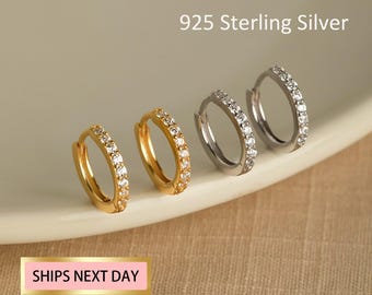 Huggie Hoop Earrings, Dainty Gold Hoop Earrings, Cartilage hoop, Silver pave ring hoop, Tragus hoop, Small helix hoop, Stacking hoop set