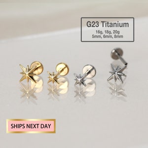 20G/18G/16G Tiny Starburst Stud Push Pin Labret Stud - clou tragus - boucle d'oreille conque - piercing hélix/cartilage - clou à dos plat disque