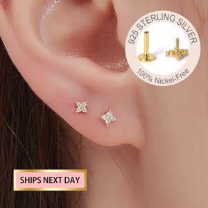 Pendiente de cartílago con parte posterior plana y flor pequeña de oro de 16 G/18 G, 3 mm/4 mm, pendiente para trago, pendiente de caracola, trago, hélice, perforación de cartílago, minimalista