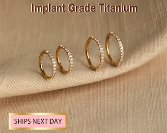 May include: Four gold-colored hoop earrings, each lined with small, clear gemstones. The text "Implant Grade Titanium" is displayed above the earrings. The earrings are displayed on a beige fabric.