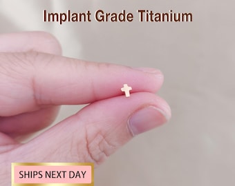 May include: A small, gold-colored cross earring. The text "Implant Grade Titanium" is above the earring. The text "SHIPS NEXT DAY" is in a pink box below the earring.