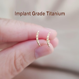 May include: A pair of gold-coloured crescent-shaped earrings with a textured surface. The earrings are held between fingers and thumb. The text "Implant Grade Titanium" is displayed above the earrings.