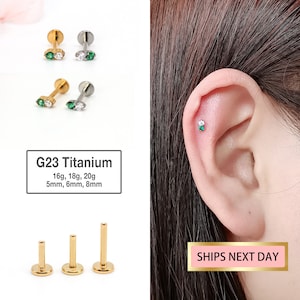20G/18G/16G Gold Emerald Labret Cartilage Studs - tragus stud - conch earring - tragus - helix - cartilage piercing - Flat Back Stud