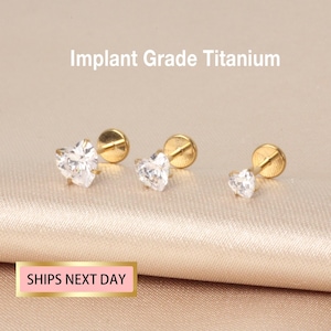 Labret à épingles sans filetage cz coeur en titane, clou de nez Tragus Helix pour cartilage, petit coeur, 16 g 18 g 20 g, boucles d'oreilles à fond plat, minimaliste