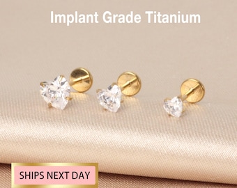 Titanium Heart Cz Threadless Push Pin Labret, Cartilage Tragus Helix Nose Stud, Small Heart Stud, 16g 18g 20g, Flat Back Earrings,Minimalist