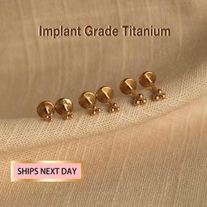 May include: Gold-colored, implant grade titanium earrings with a flat disc top and a cluster of three small beads. The text "Implant Grade Titanium" is displayed above the earrings.