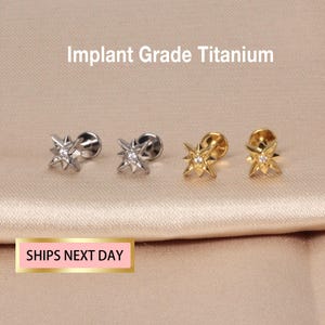 Cartilage labret sans filetage étoile dorée 20 g/18 g/16 g/titane de qualité implant/clous de tragus étoile/boucle d'oreille de conque/tragus/hélice/minimaliste