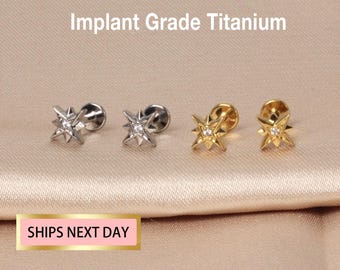 20g/18g/16g Gold Star Gewindeloser Labret-Ohrstecker zum Einstecken aus Knorpel-/Implantat-Titan / Stern-Tragus-Ohrstecker / Conch-Ohrring / Tragus / Helix / minimalistisch