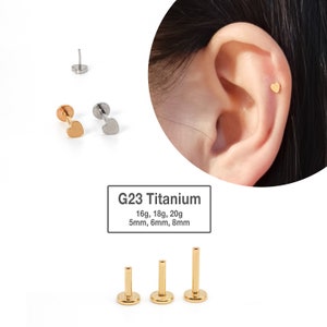 20G/18G/16G Tiny Heart Labret Flat Back Stud Titanium - clou tragus - boucle d'oreille conque - tragus - hélice - piercing de cartilage - clou de nez