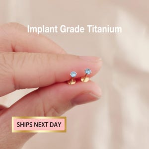 May include: Two small gold-coloured earrings with light blue gemstones. The earrings are held between fingers. The text "Implant Grade Titanium" is above the earrings. The text "SHIPS NEXT DAY" is below the earrings.