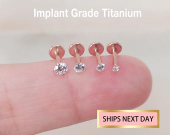 Clou labret à poussoir sans filetage 20G/18G/16G, clou labret en or de 1,5 mm à 3 mm, pour piercing tragus, nez ou cartilage, avec dos plat.