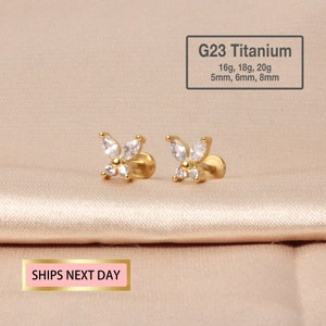 20G/18G/16G Cz Butterfly Labret Flat Back Titanium - clou tragus - boucle d'oreille conque - hélice - piercing cartilage - piercing hélice