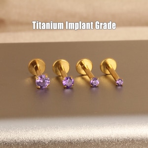 Titanium Tiny Amethyst Stone Threadless Push In Labret, Tragus stud, Conch Earring, Helix Cartilage Piercing, Purple Stone Stud 20g/18g/16g
