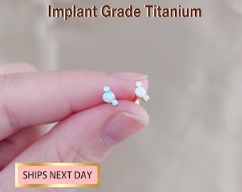 Titanium Opal Stone Climber Threadless Push Pin labret, Curved Opal Flat Back Earring, Cartilage Tragus Conch Helix Stud 16G/18G/20G
