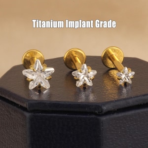 Titanium Star Cz stone Threadless Push Pin Labret, Cartilage earring Tragus Stud, Nose Stud, Small Star Stud, 16g 18g 20g Flat Back Earrings
